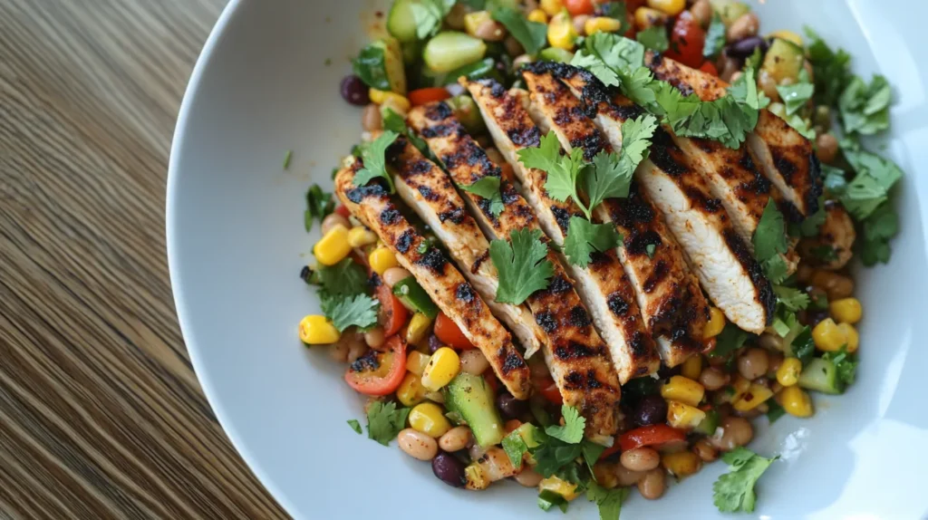 Grilled Chipotle Chicken and Corn Salad on a Wooden Table