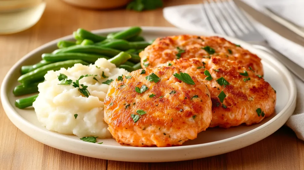  Golden-brown salmon patties served with mashed potatoes and green beans.