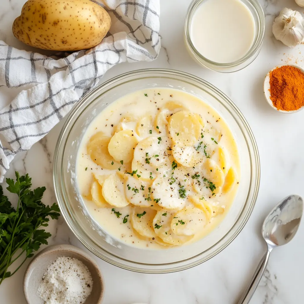  Rehydrating scalloped potatoes in a glass bowl.