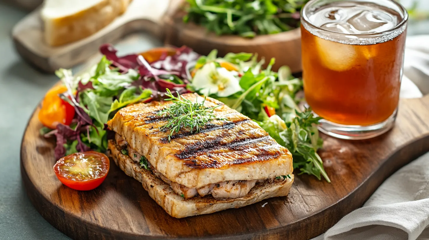 Grilled tuna steak sandwich with salad and iced tea