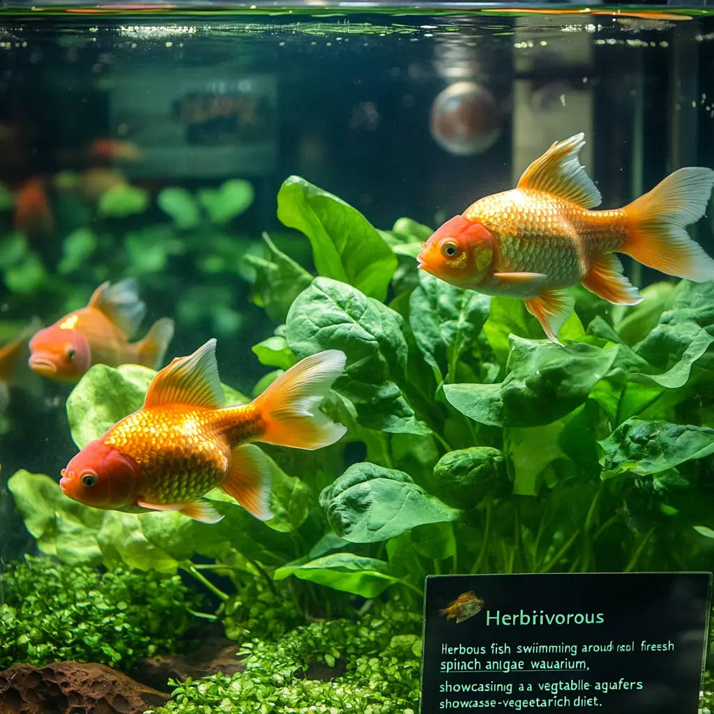 Herbivorous fish surrounded by leafy vegetables in a tank.