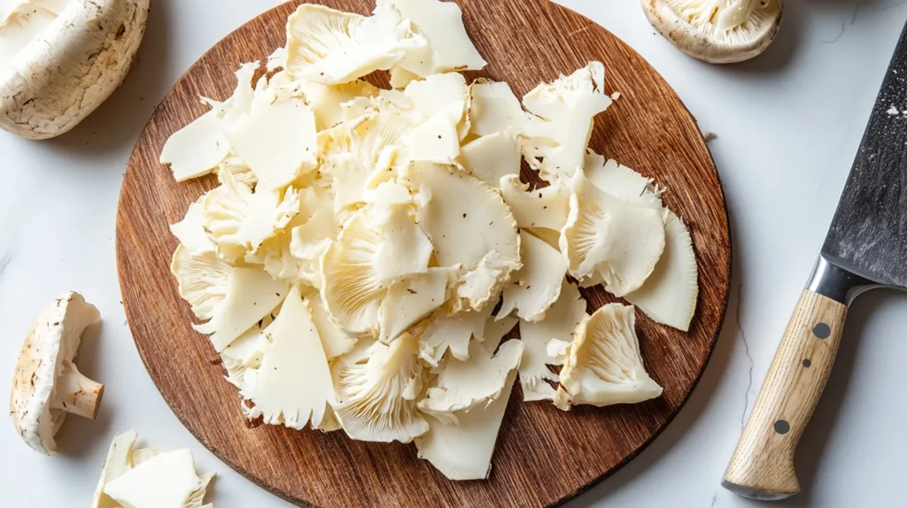 Sliced Lion’s Mane mushrooms on a cutting board.