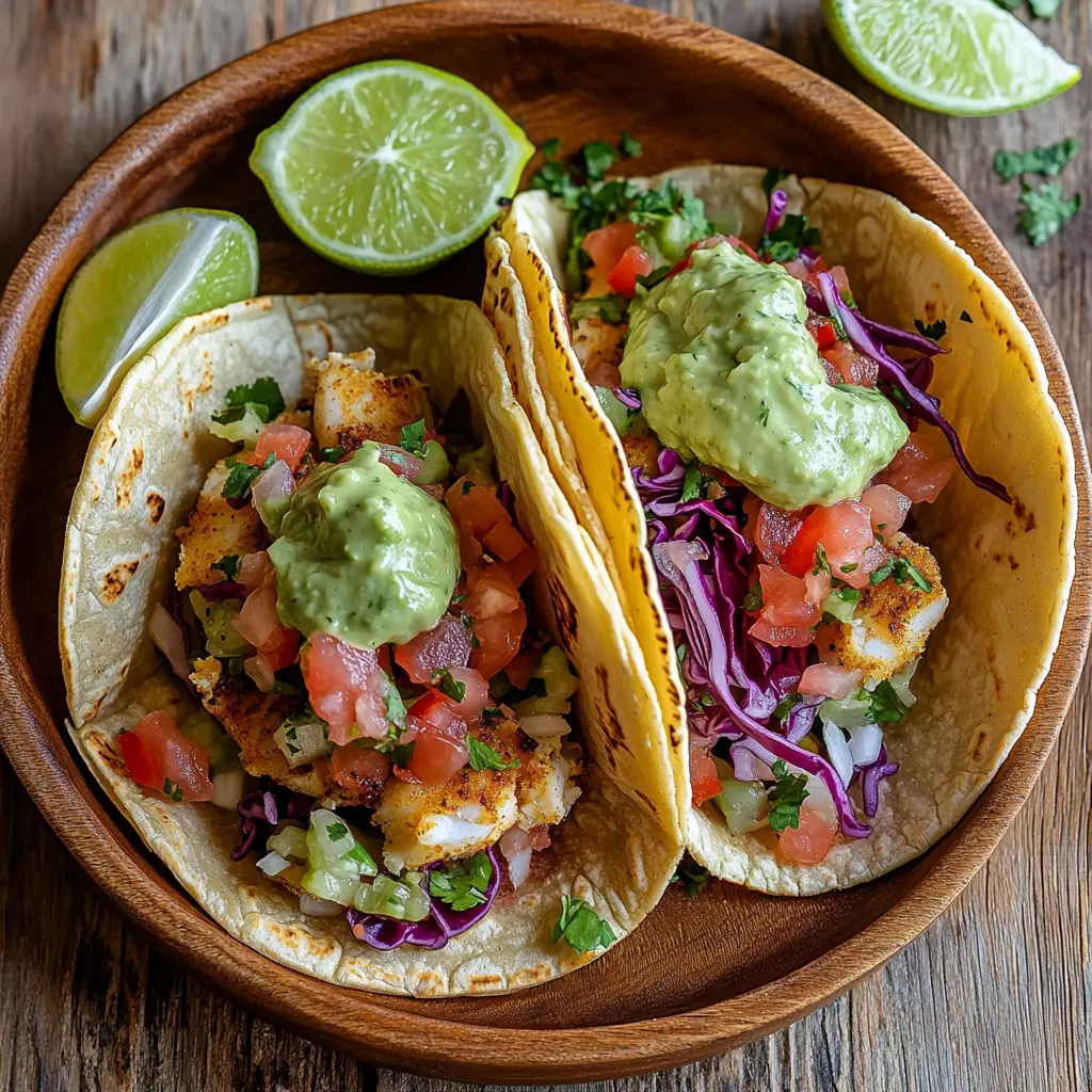 Rockfish tacos with fresh toppings and lime wedges.