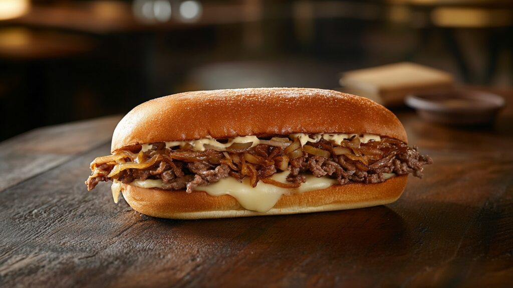 Philly cheesesteak with cheese and onions on a wooden table.