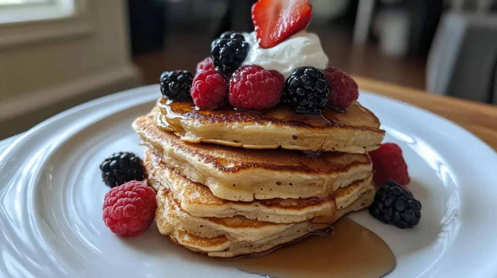  Sourdough pancakes with berries and syrup.