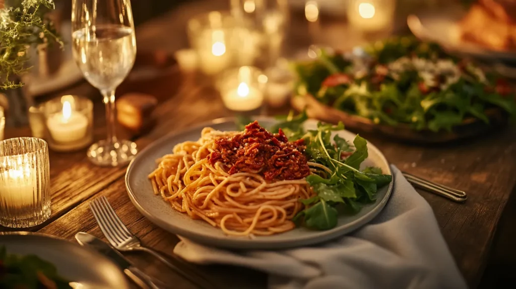 Spaghetti with sun-dried tomato cream sauce served with salad.