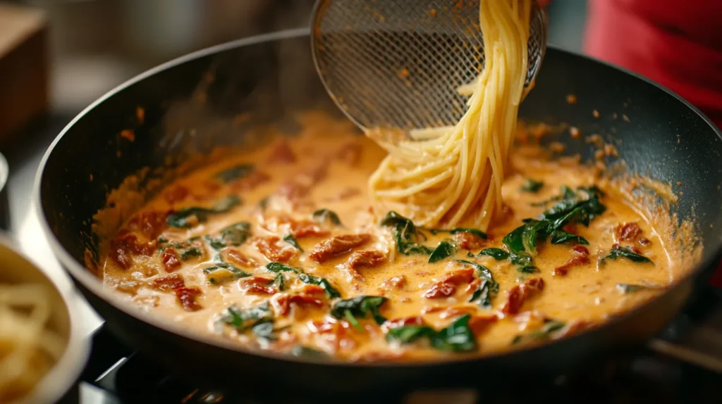 Cooking sun-dried tomato cream sauce with spinach.